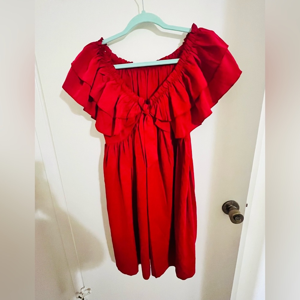 Red off-shoulder ruffle babydoll dress